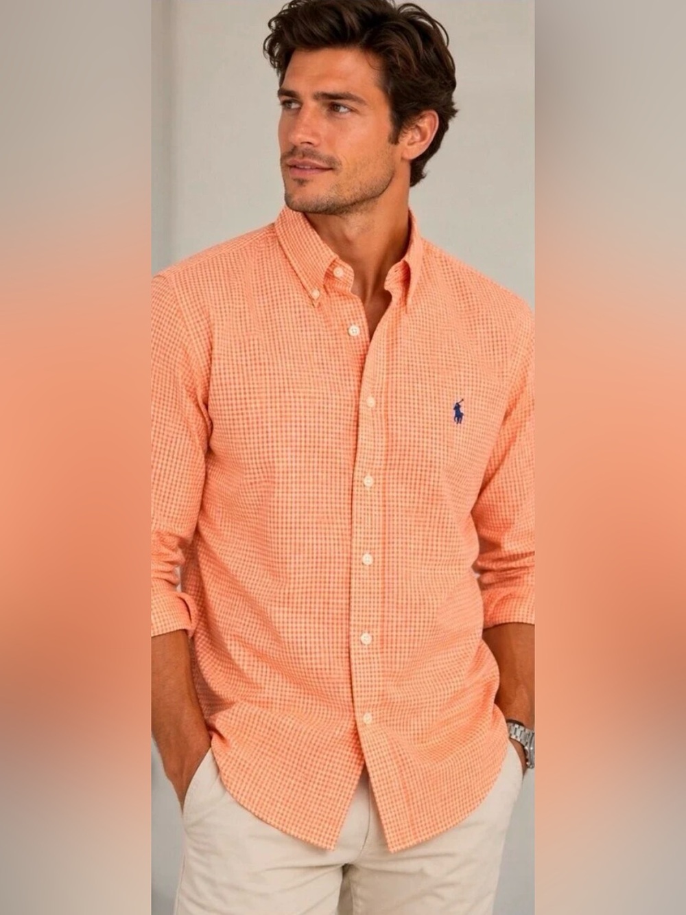 RALPH LAUREN CLASSIC FIT ORANGE PLAID BUTTON DOWN SHIRT MENS